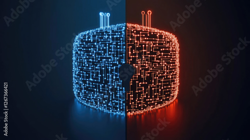A digital representation of a secure data block, split in blue and red, symbolizing technology and cybersecurity.