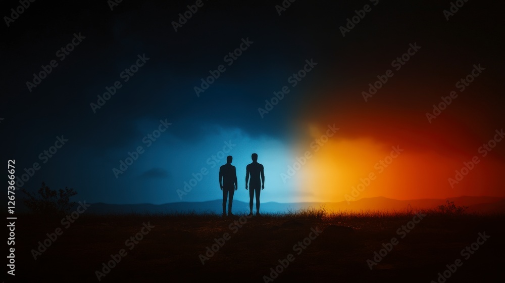 Silhouetted Figures Against a Dramatic Sky Divided by Colorful Blue and Orange Light at Dusk Silhouetted Figures Against a Dramatic Sky Divided by Colorful Blue and Orange Light at Dusk