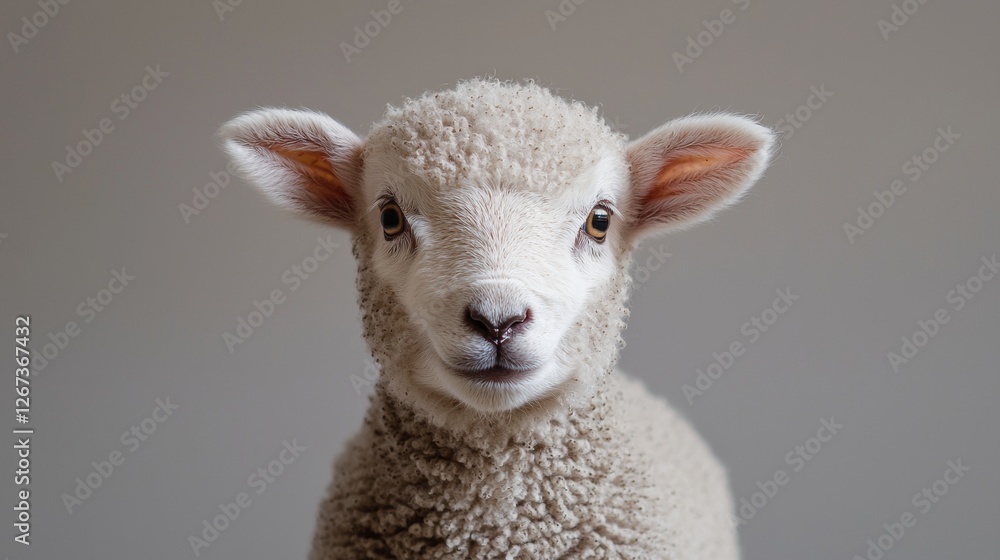 Fototapeta premium Adorable Fluffy Lamb Young Sheep Portrait Close Up Farm Animal
