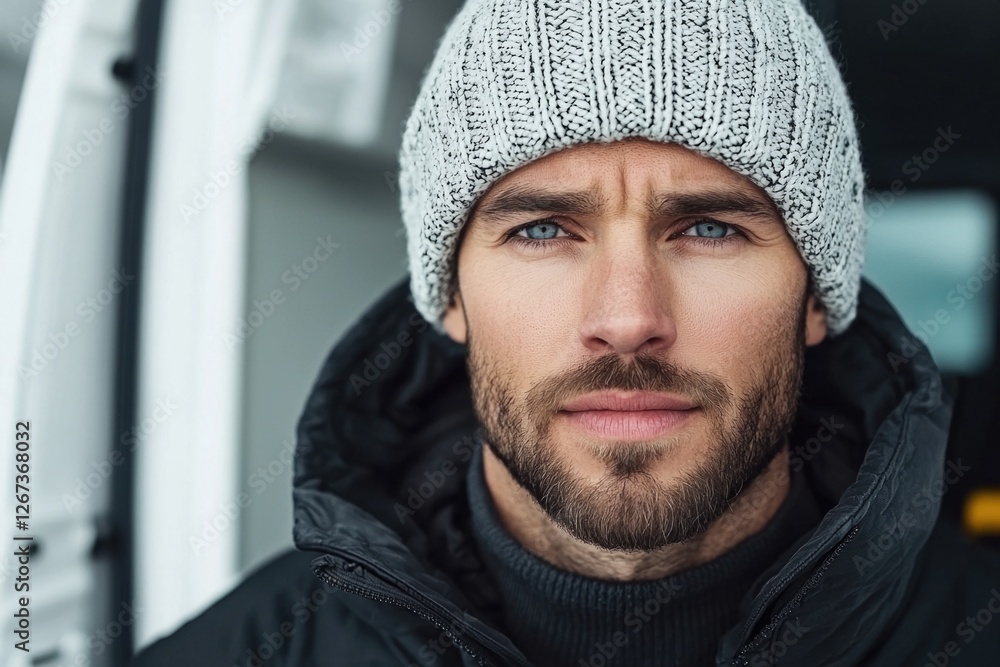 Delivery man in winter attire stands confidently in front of his van ready for work Delivery man in winter attire stands confidently in front of his van ready for work