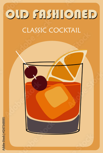 Old Fashioned Cocktail retro poster. Popular alcohol drink. Vintage flat vector illustration for bar cart, pub, restaurant, kitchen wall art print.