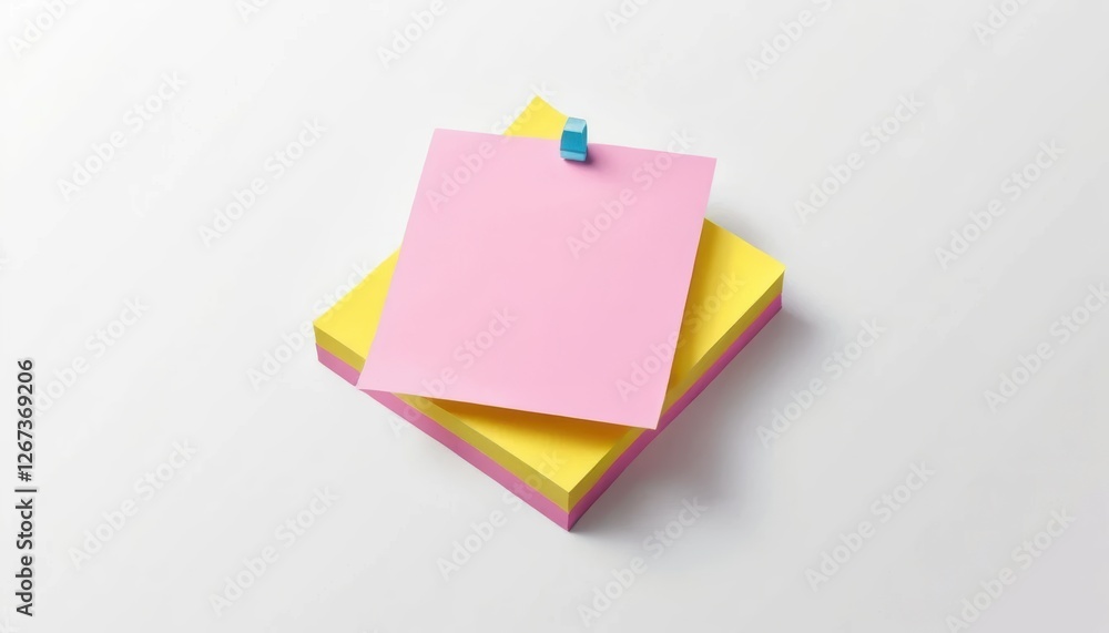Colorful Sticky Notes Stacked on a White Surface with Clipped Pink Note for Organization and Reminder Uses Colorful Sticky Notes Stacked on a White Surface with Clipped Pink Note for Organization and Reminder Uses