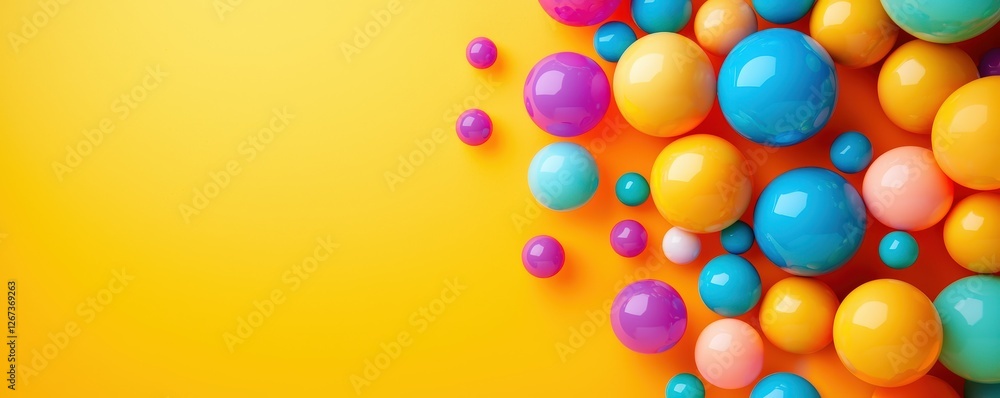 A vibrant arrangement of colorful spheres on a bright yellow background, creating a cheerful and playful atmosphere. A vibrant arrangement of colorful spheres on a bright yellow background, creating a cheerful and playful atmosphere.
