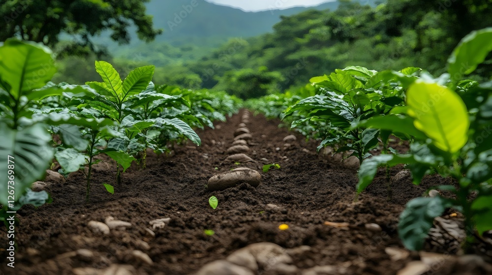 A field of green plants with a dirt path in the middle A field of green plants with a dirt path in the middle