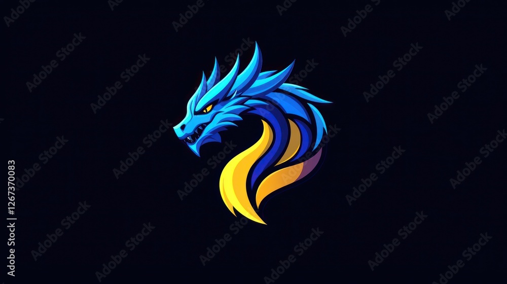Naklejka premium Blue dragon head profile, dark background, gaming logo