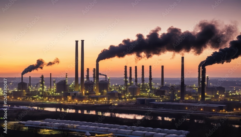 Industrial Skyline at Sunset with Smokestacks Emitting Dark Smoke Over a Reflective Water Surface in an Urban Environment Industrial Skyline at Sunset with Smokestacks Emitting Dark Smoke Over a Reflective Water Surface in an Urban Environment