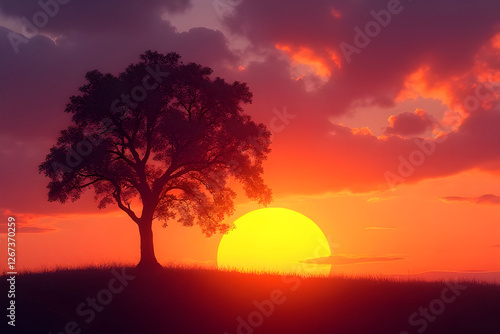 A solitary tree silhouetted against a vibrant sunset sky  and Cinematic, Vibrant Colors,S unlight - Wide Angle photo