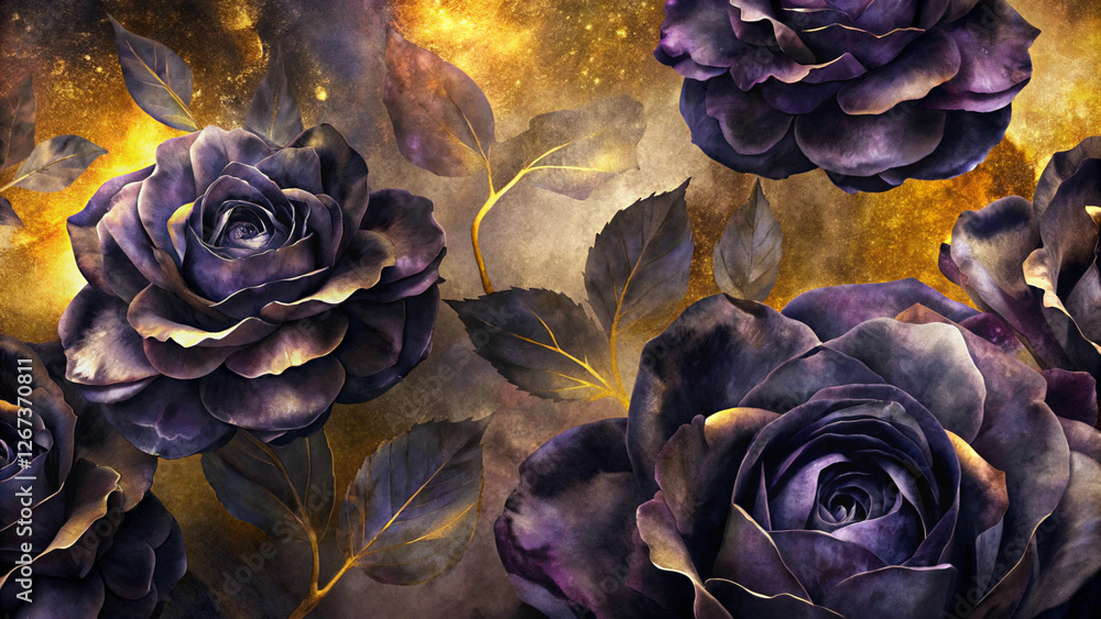 Obraz premium purple roses, their velvety petals in full bloom against a backdrop of golden hue pattern on gold background