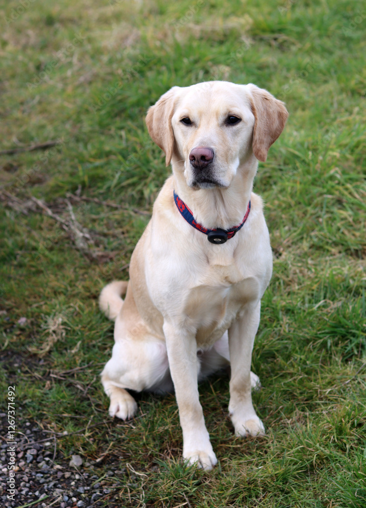 Labrador Retriever sitting on the grass in the park. Happy pet outdoors activity. Dog's health concept. Labrador Retriever sitting on the grass in the park. Happy pet outdoors activity. Dog's health concept.