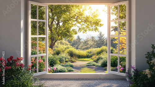 Fototapeta Naklejka Na Ścianę i Meble -  3D Garden window house room design interior architecture ideas scenery nature landscape window decor wallpaper