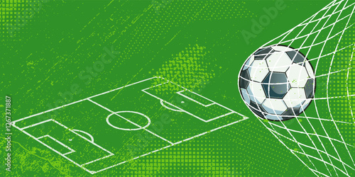 Vector illustration of a football in a net goal, goal scored
