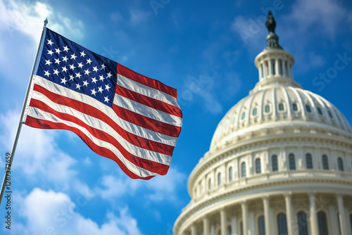 American flag waving in the wind against Capitol White House background. World situation and political relations.