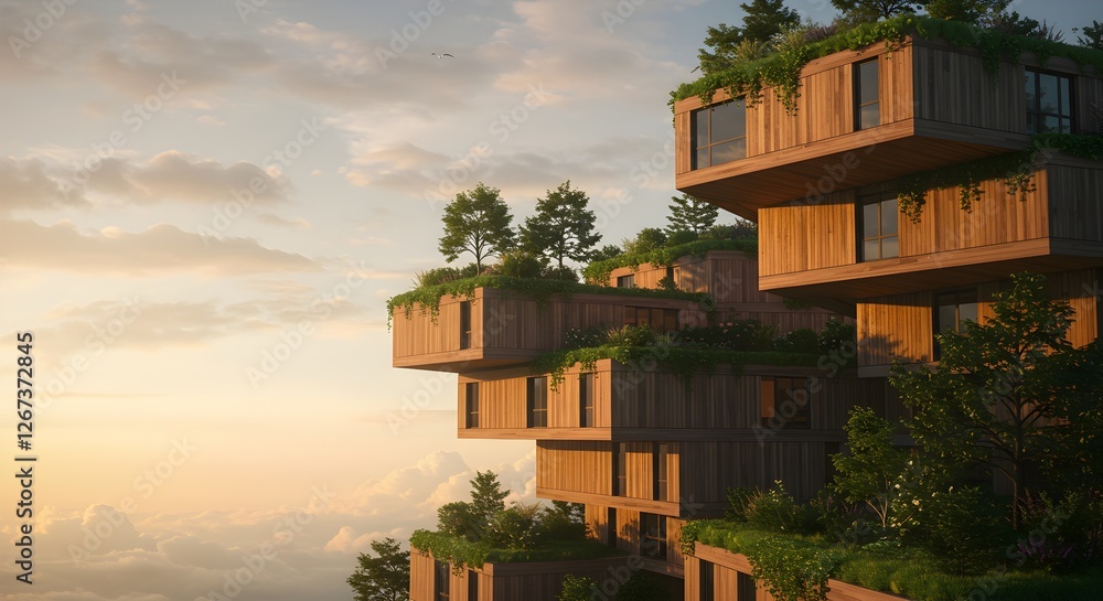 Obraz premium Sustainable stacked architecture featuring lush greenery and sky view