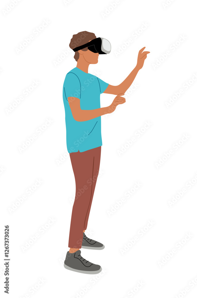 Young man in virtual reality headset standing side view. Guy in casual clothes wearing digital glasses travel in metaverse. Modern technologies. Flat Vector illustration isolated Young man in virtual reality headset standing side view. Guy in casual clothes wearing digital glasses travel in metaverse. Modern technologies. Flat Vector illustration isolated
