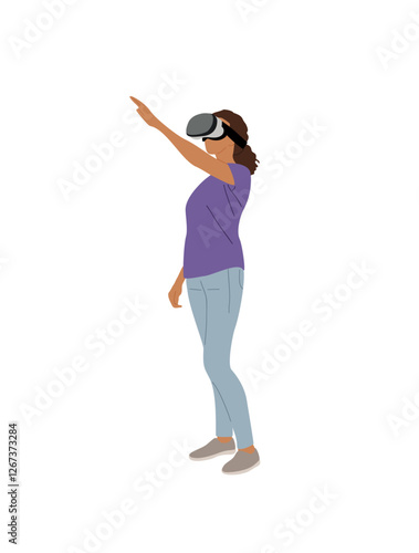 Young woman in virtual reality headset. Pretty girl in casual clothes wearing digital glasses travel in metaverse. Modern technologies. Flat Vector illustration isolated on transparent background.