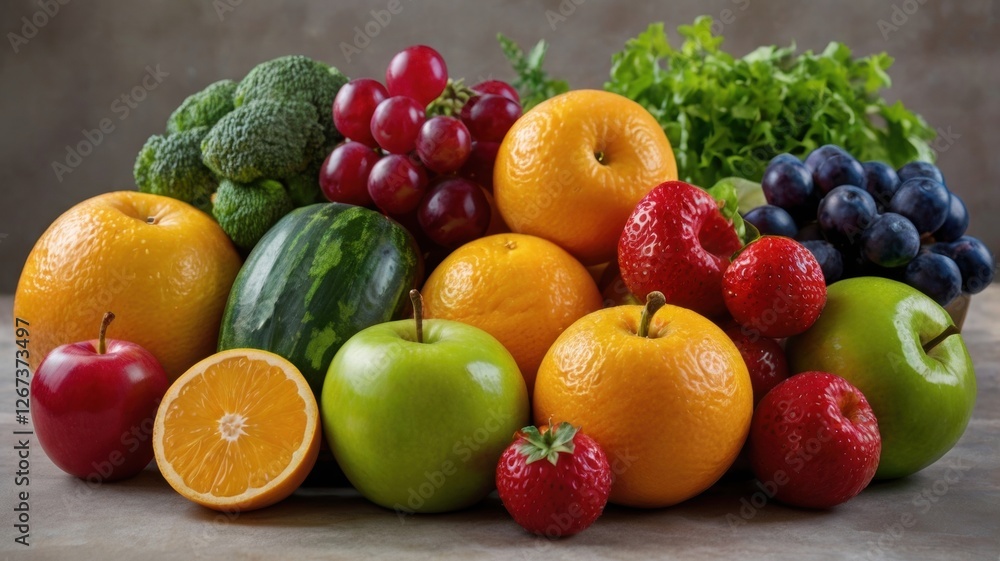Assorted fresh fruits and vegetables arranged on a wooden table for healthy eating and cooking inspiration Assorted fresh fruits and vegetables arranged on a wooden table for healthy eating and cooking inspiration