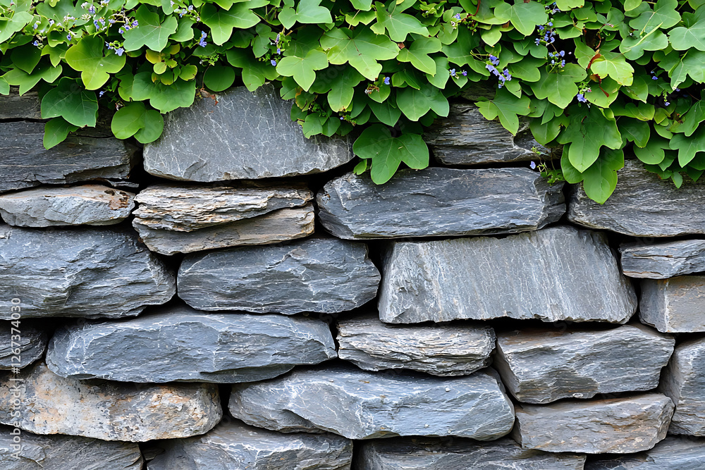 Serene stone wall draped with vibrant green foliage and delicate purple blossoms. A tranquil image representing natures gentle reclamation of manmade structures. Serene stone wall draped with vibrant green foliage and delicate purple blossoms. A tranquil image representing natures gentle reclamation of manmade structures.