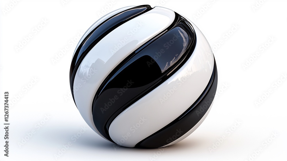 Glossy Black and White Spherical Object with Metallic Texture on White Background Glossy Black and White Spherical Object with Metallic Texture on White Background