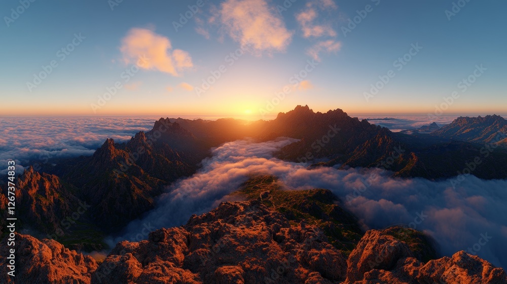 Fototapeta premium Photographer captures stunning sunset over a mountain landscape with vibrant colors and dramatic sky