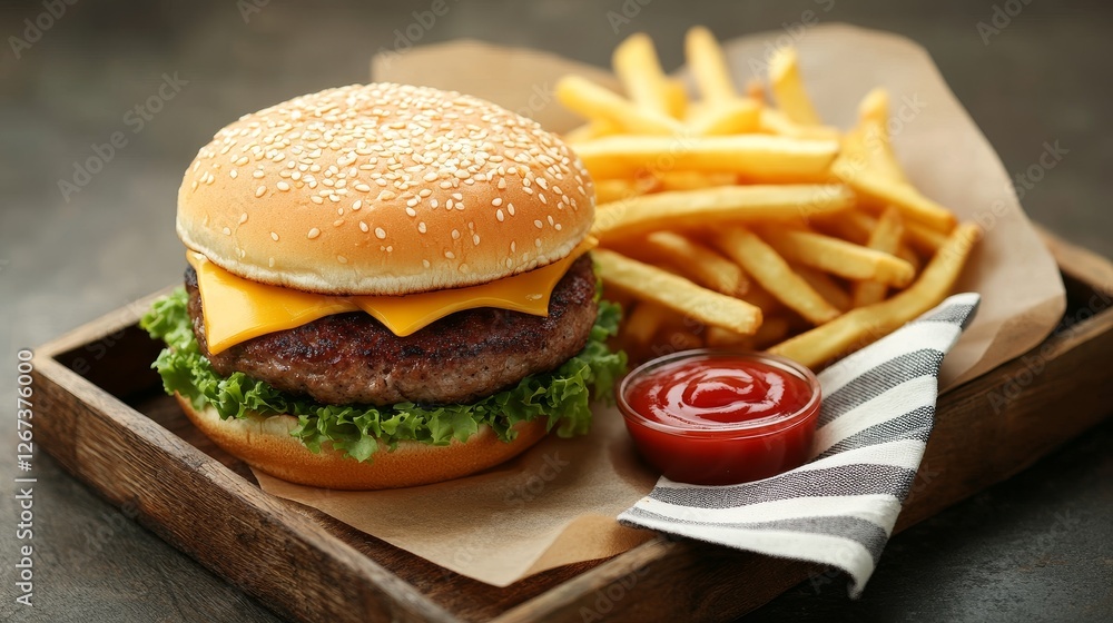 Delicious Cheeseburger with Fries and Ketchup on Wooden Tray Delicious Cheeseburger with Fries and Ketchup on Wooden Tray