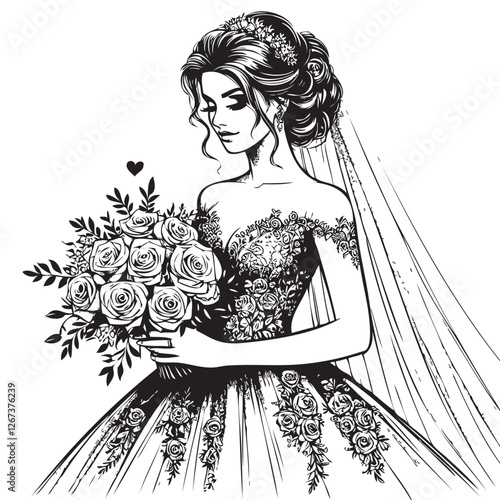 beautiful bride silhouette . Vector drawing on a white background.
