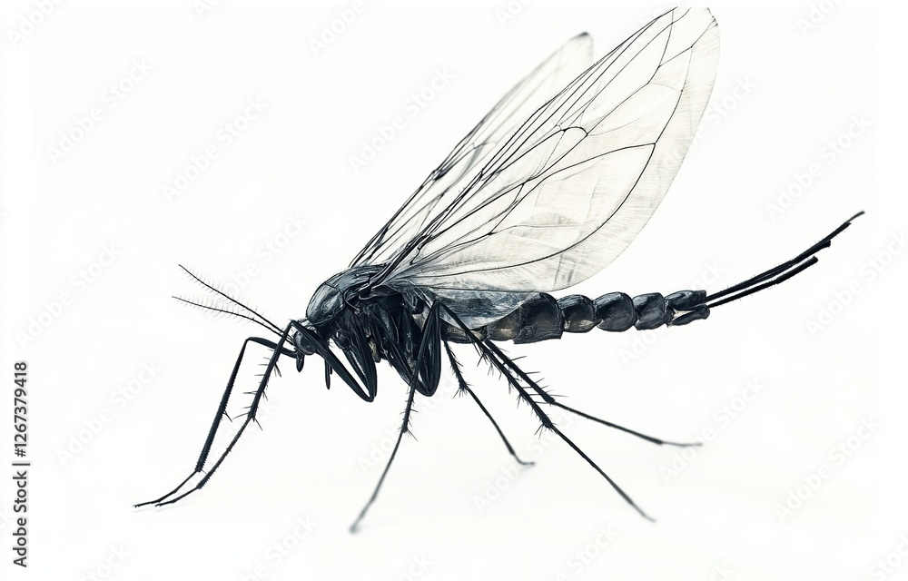 Insect Anatomy: Exploring the Detailed Structure of a Mosquito with Translucent Wings, Close-Up View of its Legs, Body Segments, and Antennae. Insect Anatomy: Exploring the Detailed Structure of a Mosquito with Translucent Wings, Close-Up View of its Legs, Body Segments, and Antennae.