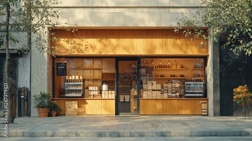 Bright and Inviting Coffee Shop Exterior with Wooden Facade and Relaxing Atmosphere in Urban Setting