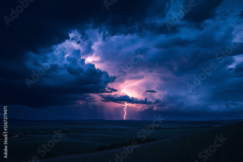 Wallpaper Mural A dramatic thunderstorm sky with dark swirling clouds and a vivid lightning bolt striking in the distance, illuminating a stormy landscape below
Generative AI Torontodigital.ca