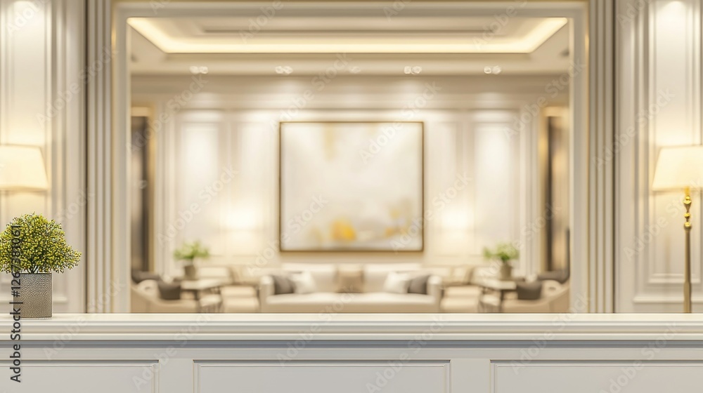 Fototapeta premium Elegant reception desk, luxury interior, modern design, blurred lounge