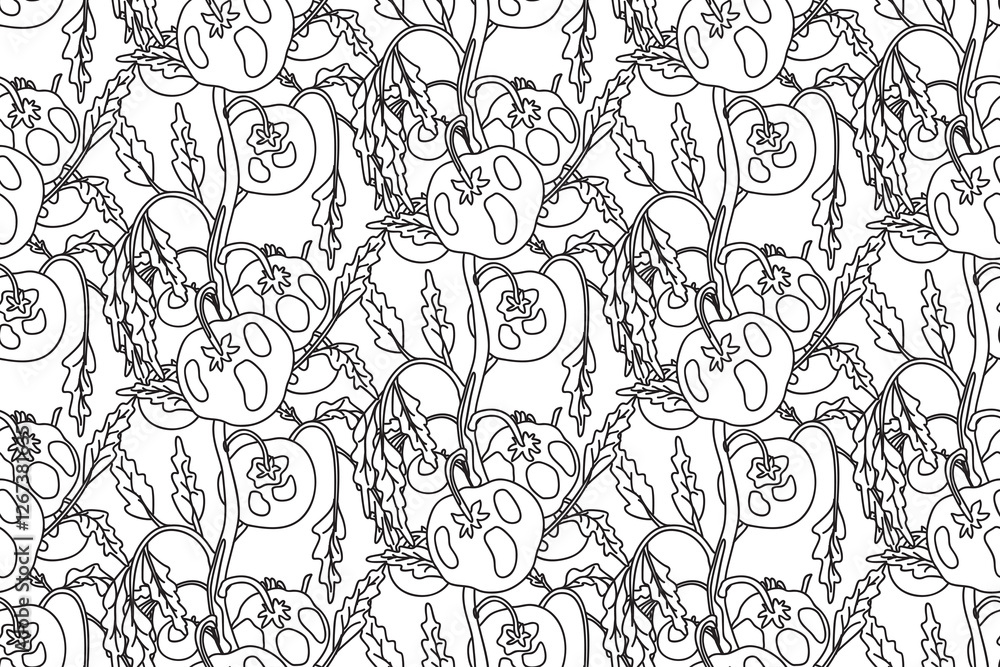 Fototapeta premium Line art seamless pattern with growing tomatoes vector illustration. Hand drawn outline repeating vegetables pattern background. Graphic design for Wallpaper Coloring Book Textile Cover Fashion Print