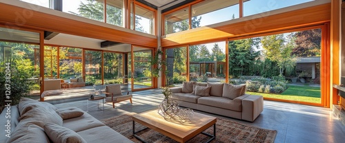 Modern living room, garden view, sunlight, luxury home