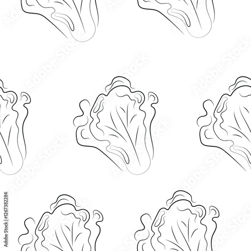 seamless pattern with vegetables, namely cabbage, drawn in line art style, for food or textile packaging