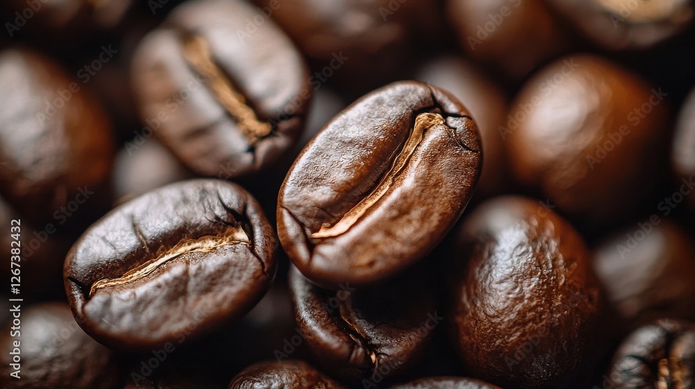 Naklejka premium High-Quality Close-Up of Rich Dark Coffee Beans with Glossy Surface Features