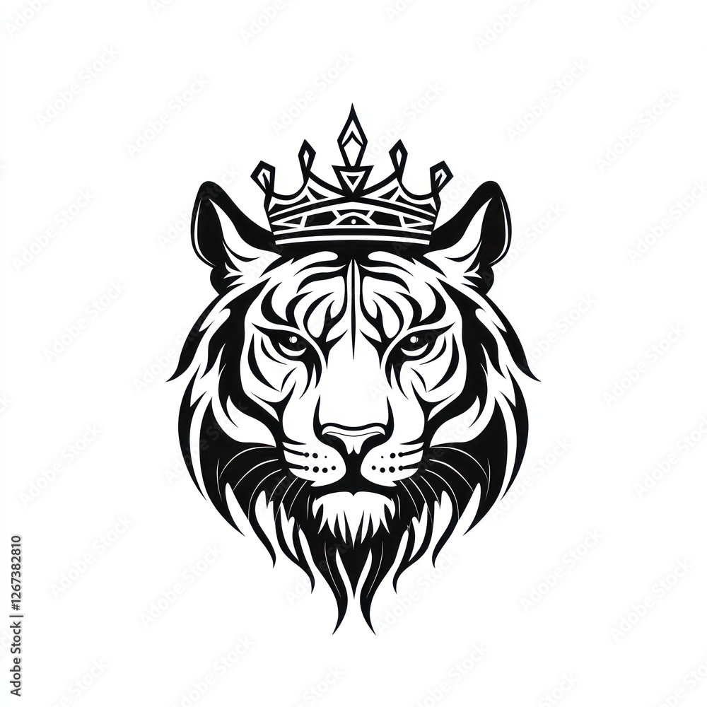 Tiger with crown, headshot, symbol of power and royalty, design element for prints and web use Tiger with crown, headshot, symbol of power and royalty, design element for prints and web use