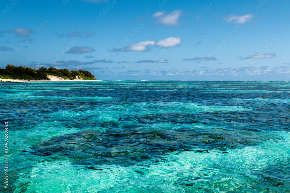 Eaux peu profondes et turquoises aux abords d'une île tropicale au large de l'île Maurice Eaux peu profondes et turquoises aux abords d'une île tropicale au large de l'île Maurice