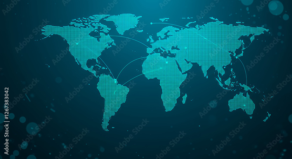 Obraz premium ** Global Network: Dotted World Map - Connection, Data, Technology, and International Reach Visualized.