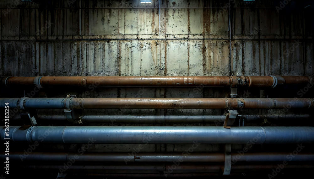 Dramatic low-angle shot of industrial pipes against a textured concrete wall. Perfect for backgrounds, textures, or industrial design projects. Evokes a sense of mystery and aged infrastructure. Dramatic low-angle shot of industrial pipes against a textured concrete wall. Perfect for backgrounds, textures, or industrial design projects. Evokes a sense of mystery and aged infrastructure.