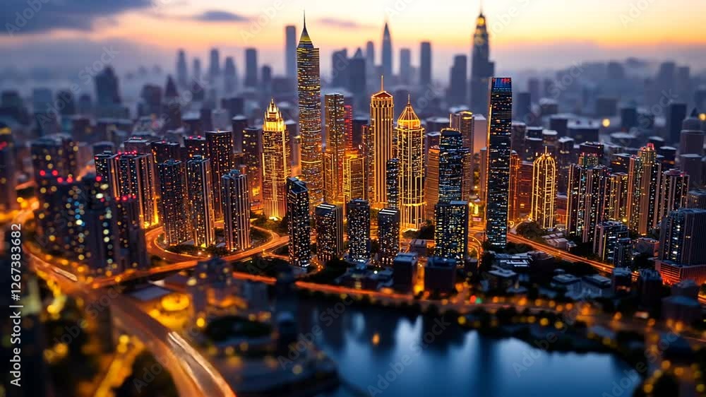 Aerial view of a vibrant city skyline at dusk Aerial view of a vibrant city skyline at dusk
