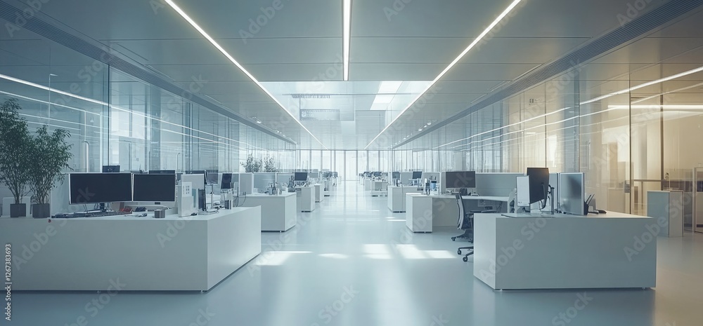 Modern office, empty desks, glass walls, bright sunlight. Perfect for business websites Modern office, empty desks, glass walls, bright sunlight. Perfect for business websites