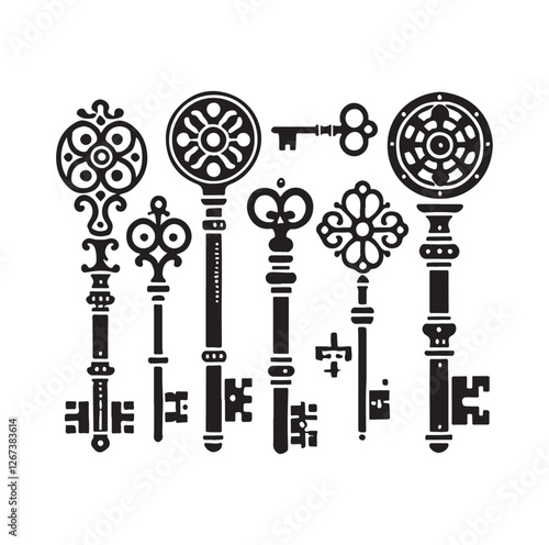 Antique key silhouettes Medieval and modern keys 