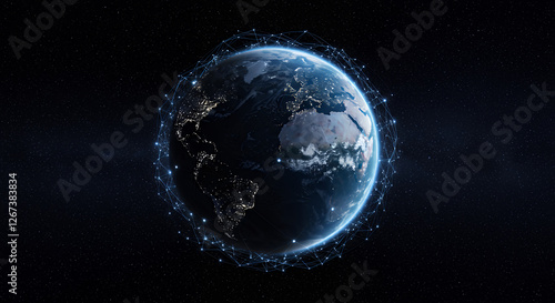 Fototapeta Naklejka Na Ścianę i Meble -  Global Network: Earth Connected by Digital Lines in Space - Technology, Connectivity & World Communications.