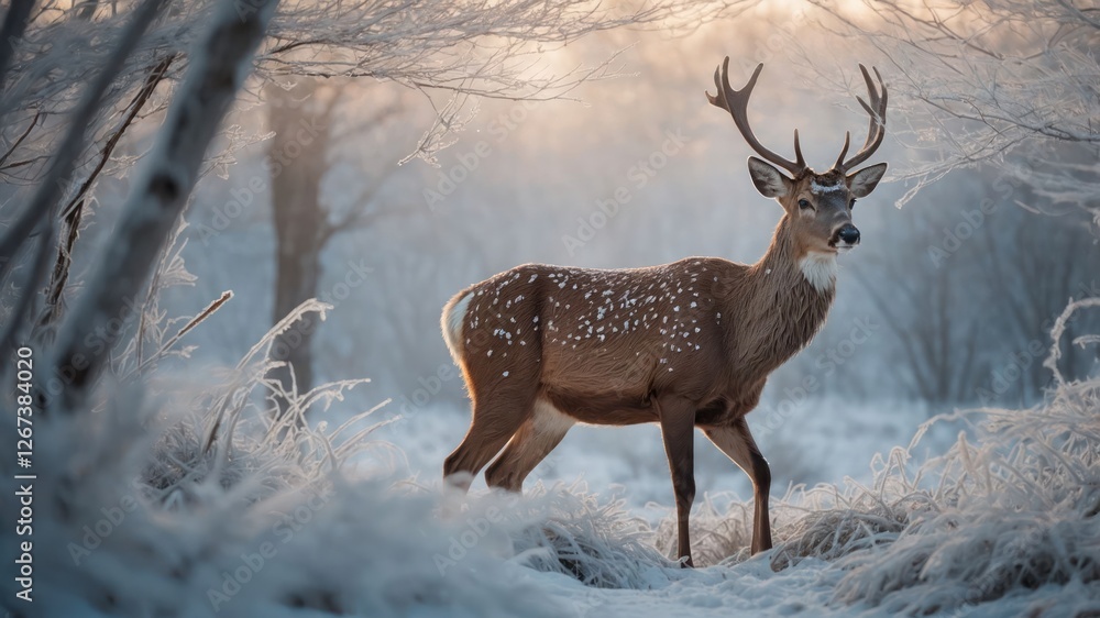 A majestic deer stands in a frosty landscape, bathed in soft morning light. A majestic deer stands in a frosty landscape, bathed in soft morning light.