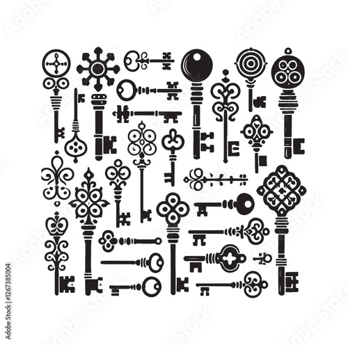 Antique key silhouettes Medieval and modern keys silhouette vector illustration