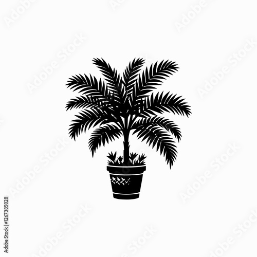 A black silhouette of a potted palm tree with detailed frond