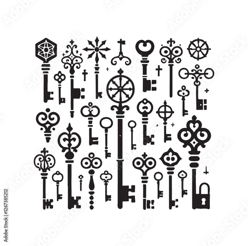 Antique key silhouettes Medieval and modern keys silhouette vector illustration