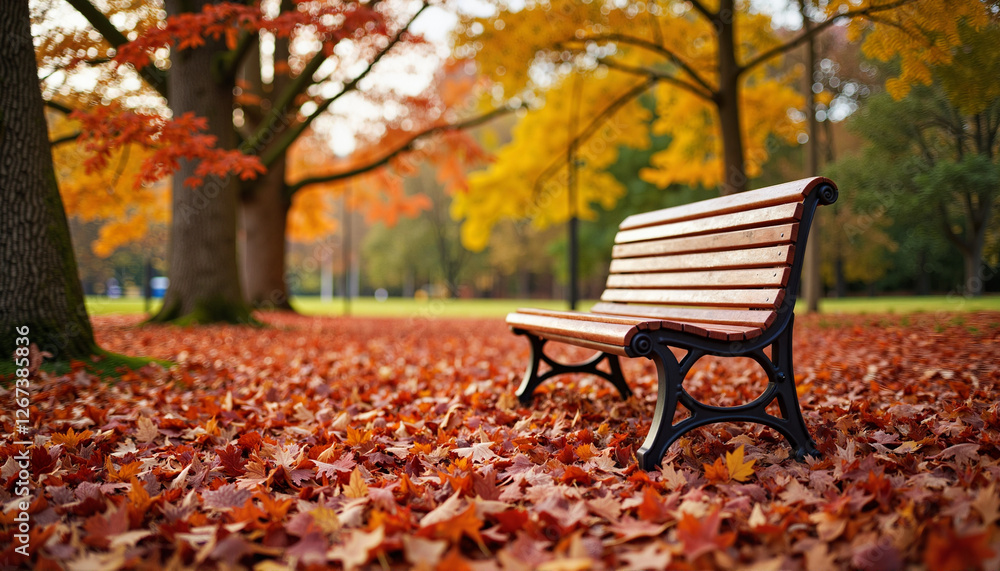 Wooden bench surrounded by vibrant autumn leaves in a park during fall season Wooden bench surrounded by vibrant autumn leaves in a park during fall season