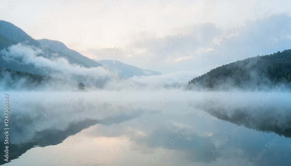 Misty mountains at dawn creating a tranquil and mystical atmosphere over the lake Misty mountains at dawn creating a tranquil and mystical atmosphere over the lake