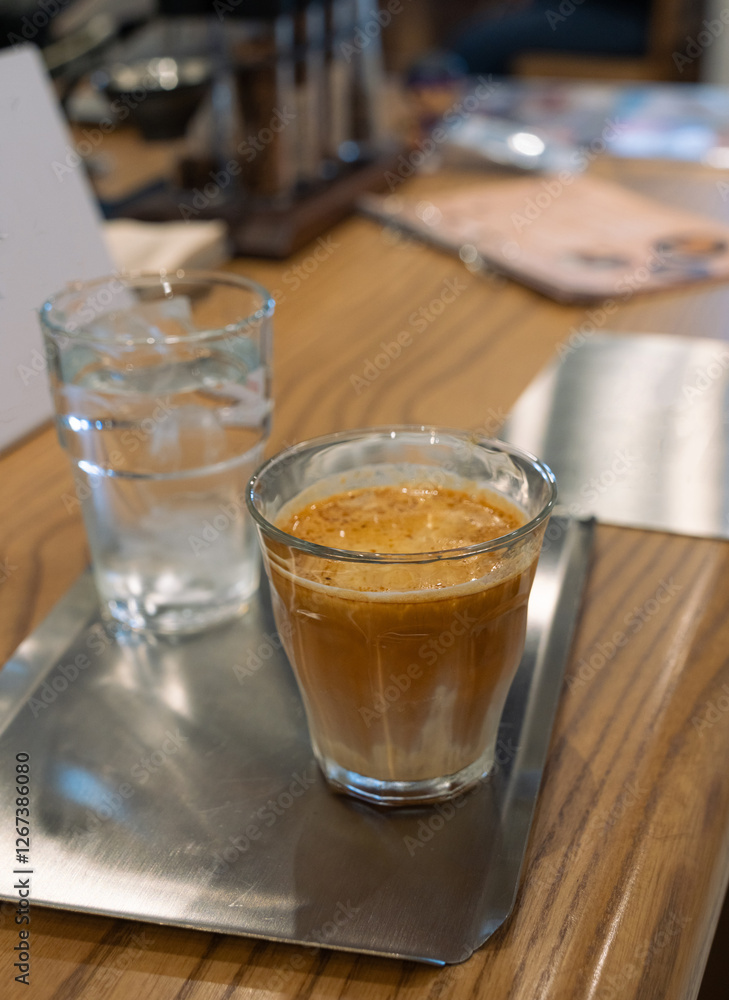 A clear glass cup of dirty coffee latte on a table. It's a coffee consists of cold milk, sometimes a mixture of milk and cream, combined with solid espresso or ristretto. A clear glass cup of dirty coffee latte on a table. It's a coffee consists of cold milk, sometimes a mixture of milk and cream, combined with solid espresso or ristretto.