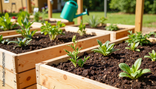 Wooden garden boxes with fresh plants ready for watering in sunlit backyard