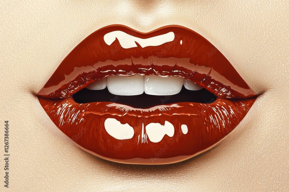 Obraz premium A close-up shot of luscious red lips with a glossy finish, showcasing beauty and cosmetic appeal, with a focus on makeup and facial aesthetics.